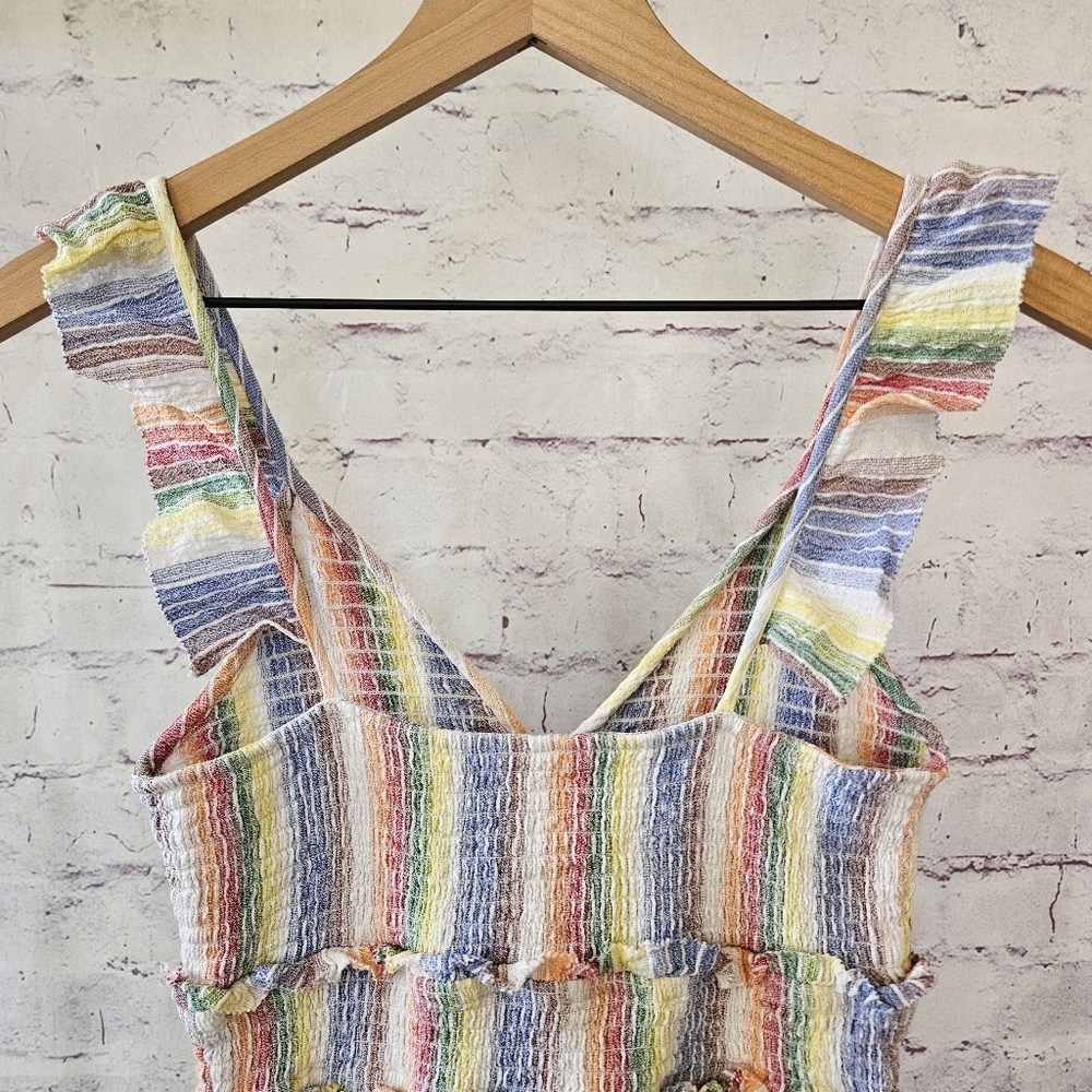 Saylor Alma Dress Rainbow Striped Crepe Smocked Bust Ruffle Strap Dress Small - Picture 6 of 15